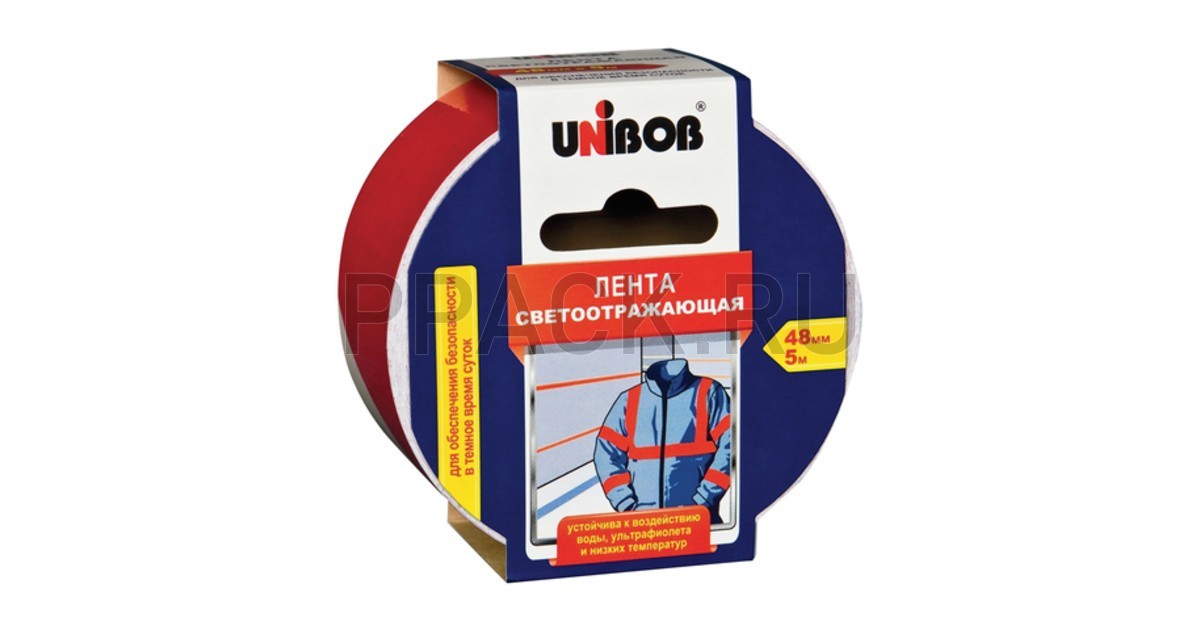 Сигнальная лента Клейкая лента светоотражающая UNIBOB 48мм*5м,красно-белая